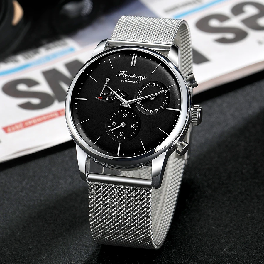 FORSINING Automatic Mechanical Men Watch with Power Reserve Indicator Auto Date Male Casual Business Wristwatch Steel Mesh Strap