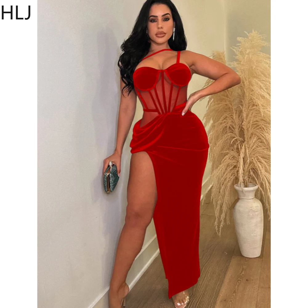 

HLJ Sexy Mesh Perspective High Slit Suspender Dress Women Thin Strap Sleeveless Ruched Evening Party Vestidos Fashion Clothing