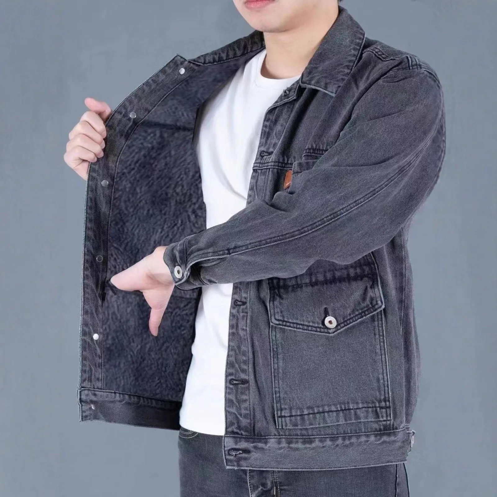 

Мужская джинсовая куртка с подкладкой, повседневная, износостойкая, универсальная, свободного кроя, однотонная, для осени и зимы
