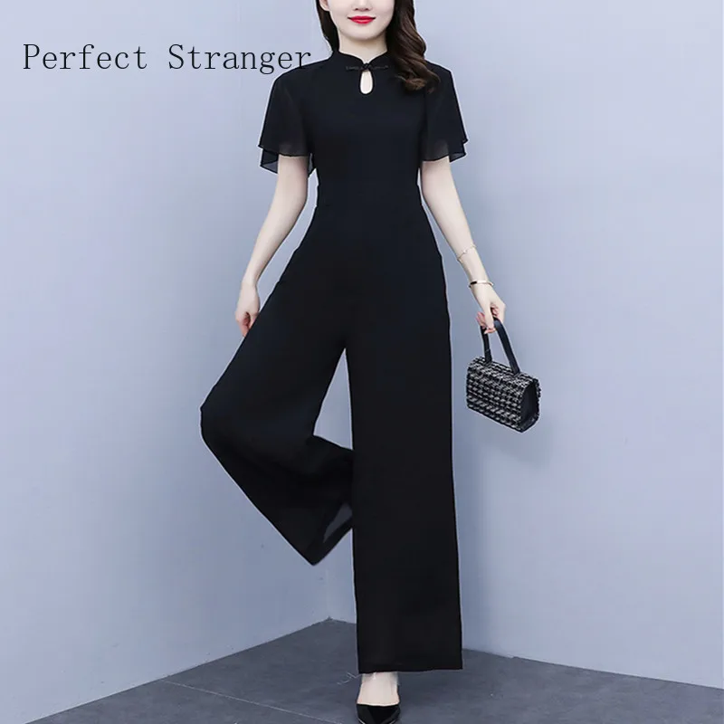 

2022 Woman Y2K Street Party Playsuits Fashion Femme Overalls Short Sleeve Solid WomenJumpsuits Oversize Cheongsam Jumpsuit Black