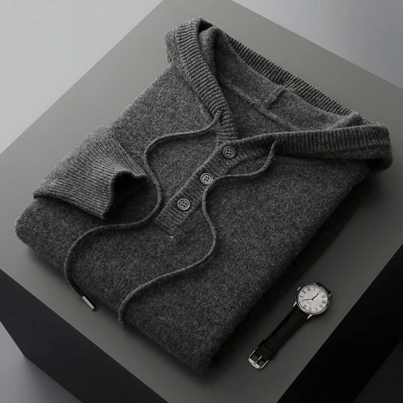 Autumn And Winter New Pure Wool Men's Hooded Sweater Thickened Warm Knit Loose Cashmere Bottoming Shirt