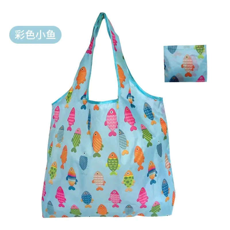 Reusable Shopping Bag Women Cute Fish Cart Flower Print  Nylon Foldable Grocery Bag Creative Eco-Friendly Tote Bag Lightweight