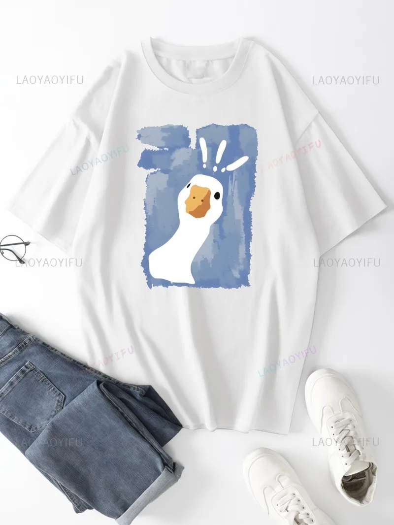 Duck Shocked Print Lady Cotton Crew Neck Kawaii Clothes Versatile Casual Summer Unisex Short Sleeve Cartoons Aesthetic Clothes