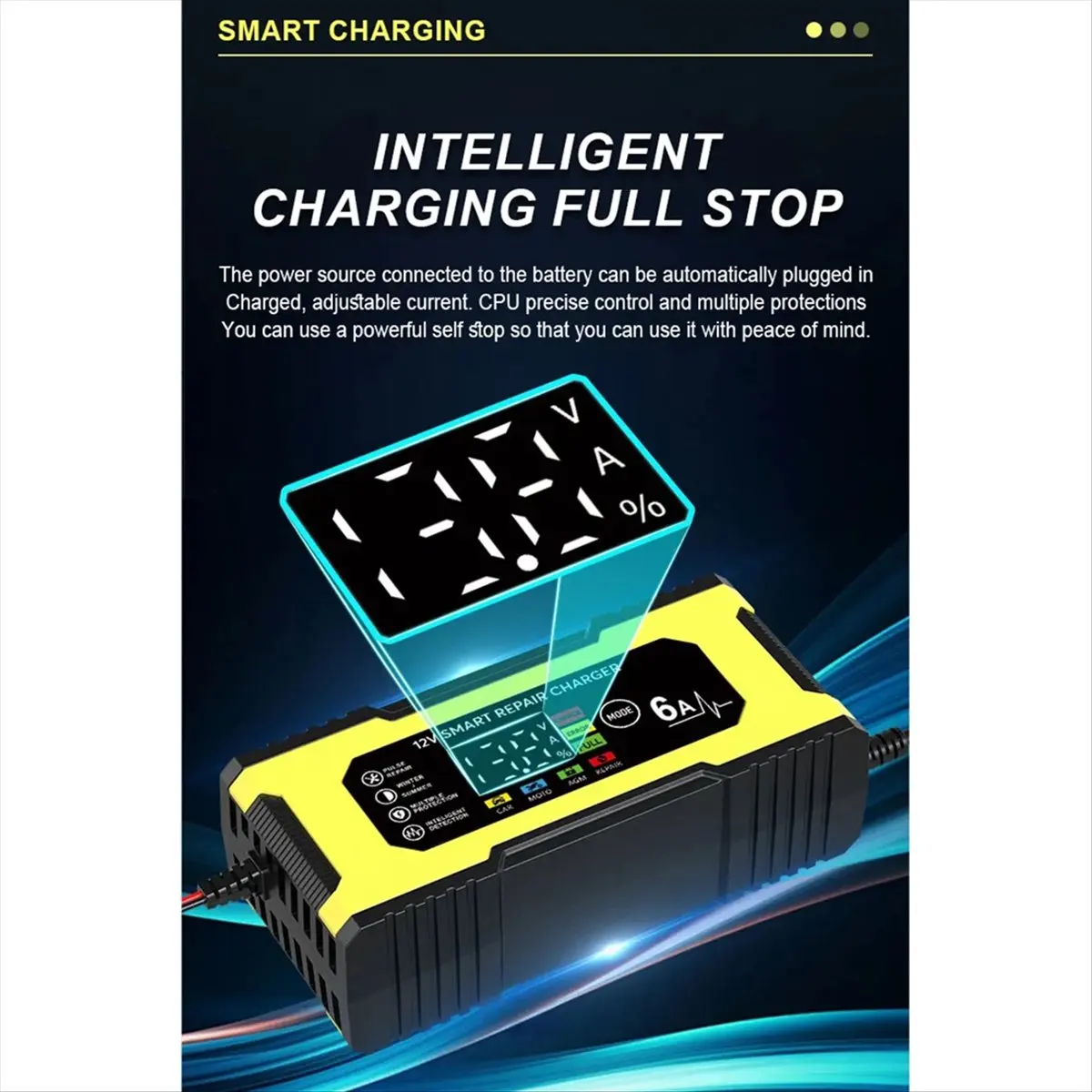 

(ABDH) 12V 6A Smart Repair Charger Pulse Repair LED Display Smart Fast Charge Lead-Acid Charger for Car Auto Motorcycle US Plug