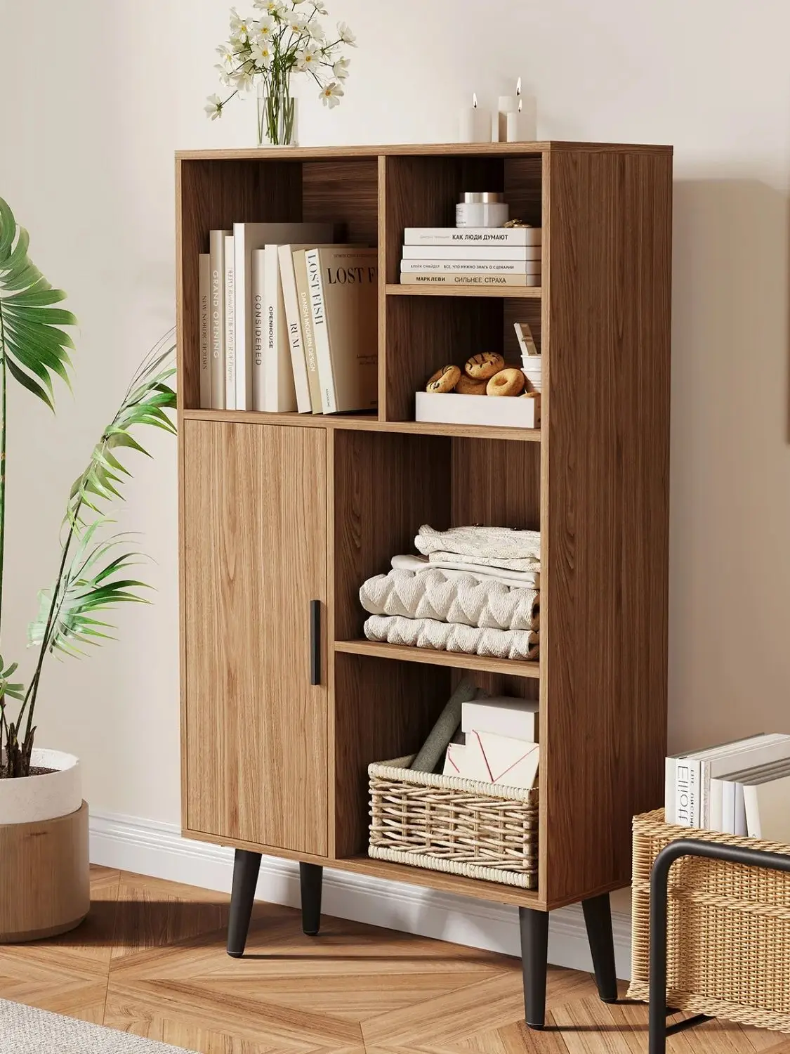 Mid-Century 4-Tier Bookcase with Door and Legs –Wood Cube Storage Shelf – Bookshelf Organizer for Home Office– Display Shelf