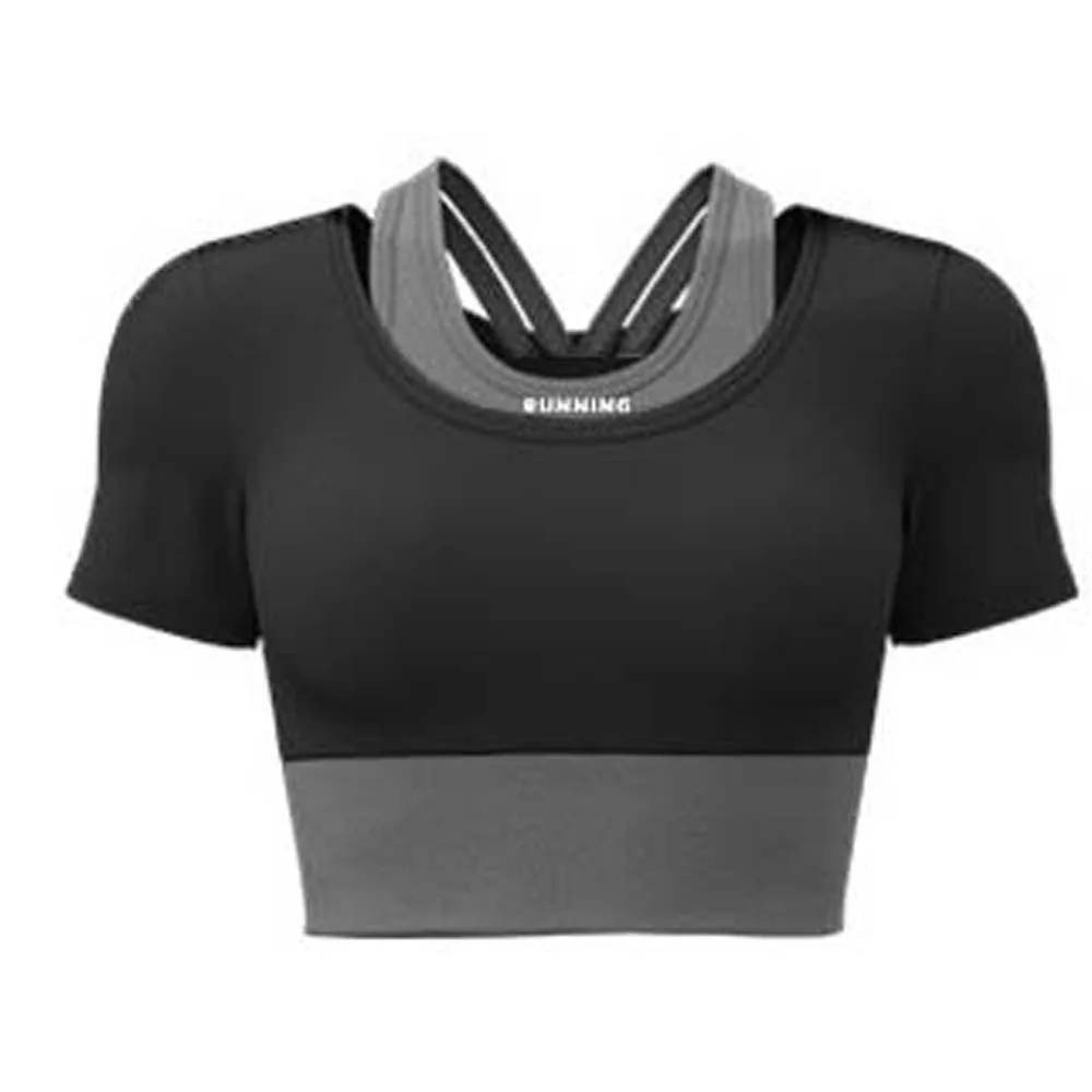 

Combined in One Sports Top with Bra Breathable Tight Fitness Short-Sleeved Fake Two-piece Thickened Yoga T-shirt Exercise