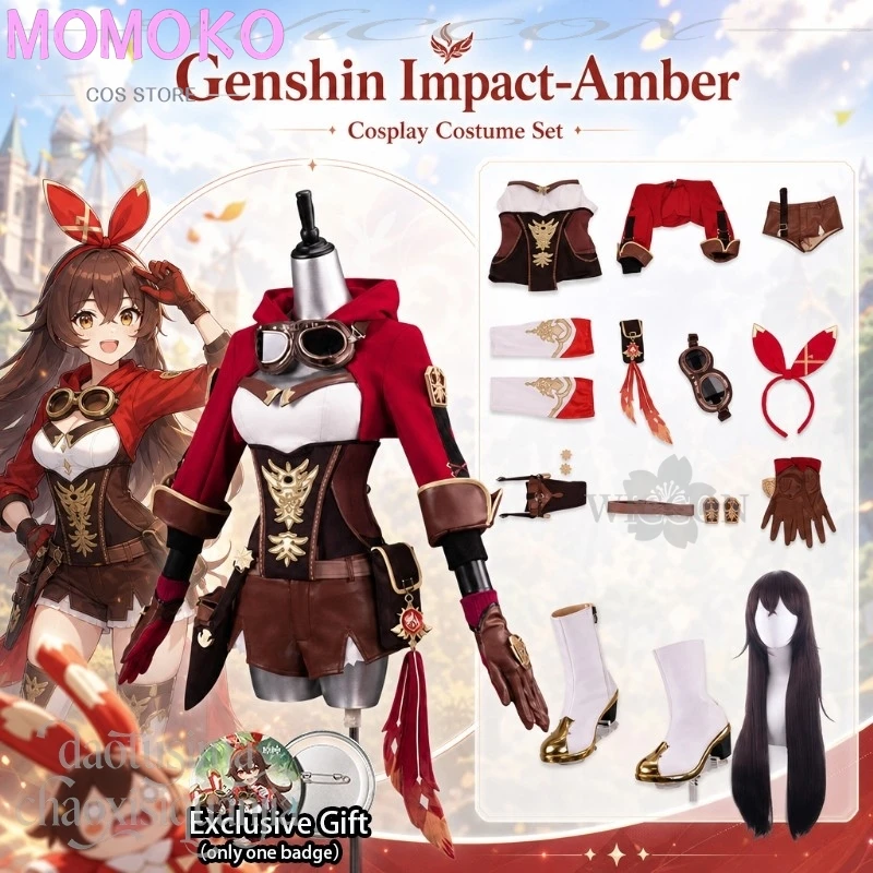 Disfraz de Alta Calidad del Anime Genshin Impact, Cosplay de Amber, Chaqueta Corta Roja, Pantalones, Estilo Punk Y2K, Peluca, Lazo, para Halloween