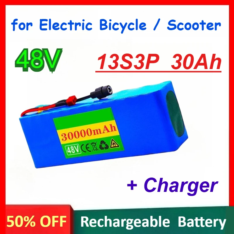 

48V 13S3P 30Ah 18650 Rechargeable lithium Battery for Electric Bicycle Scooter Replacement Batteries with BMS + 48V 5A Charger