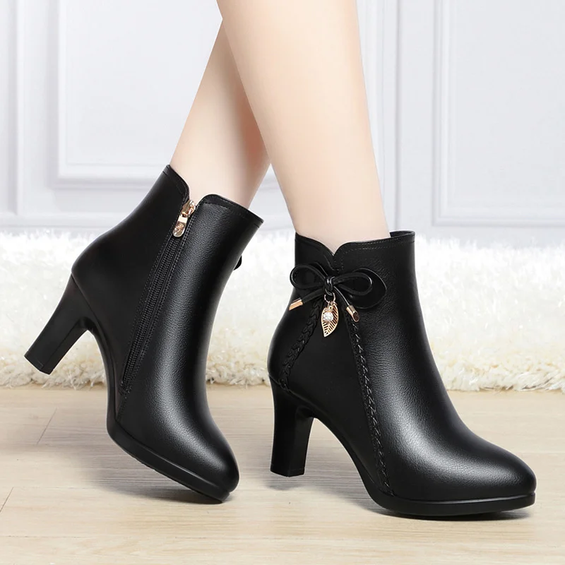 High-heeled Plush Velvet  Boots Autumn Winter New Women's Cotton Shoes Zip Black Waterproof Thick Heel Single Short Shoes