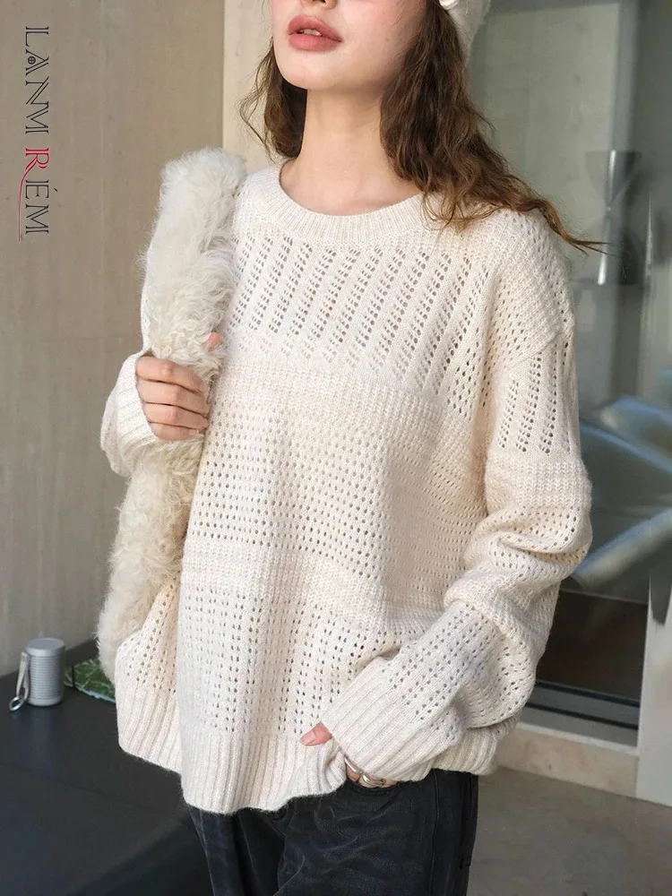 [LANMREM] Hollow Out Knitting Pullover Sweater For Women Round Neck Long Sleeve Office Lady Tops Fashion 2024 Autumn New 26C224