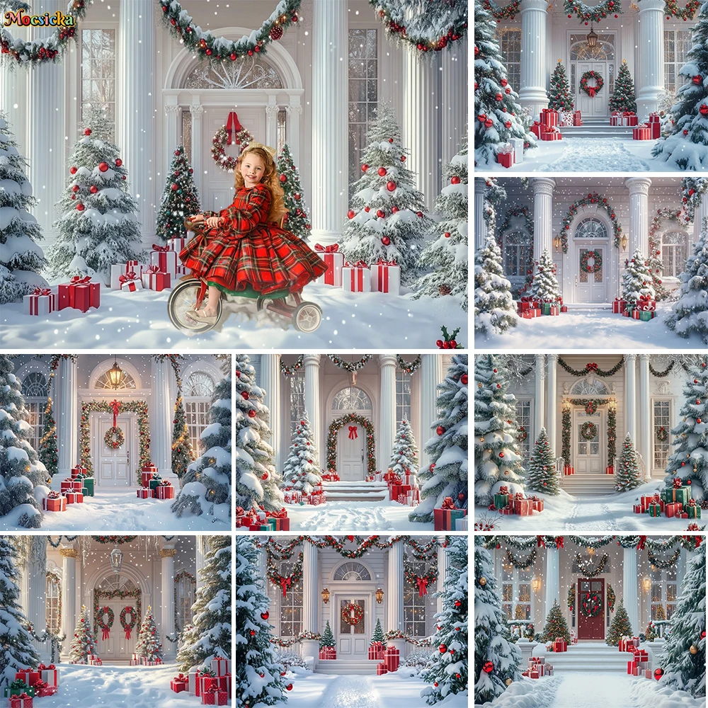 Mocsicka-أبيض خلفية منزل عيد الميلاد ، خلفية باب عتيقة ، ديكور منزلي ، استوديو صور ، ديكور شتوي خارجي ، هدية شجرة الكريسماس