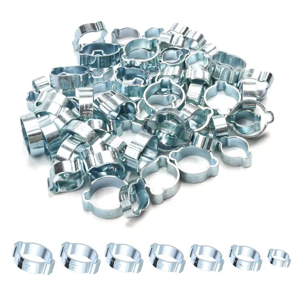 50 pièces Colliers de serrage à double oreille plaqués zinc, colliers en O, colliers de serrage à deux oreilles pour tuyaux de 5-40 mm, kit de fixation pour tuyaux de carburant, d'air et d'eau