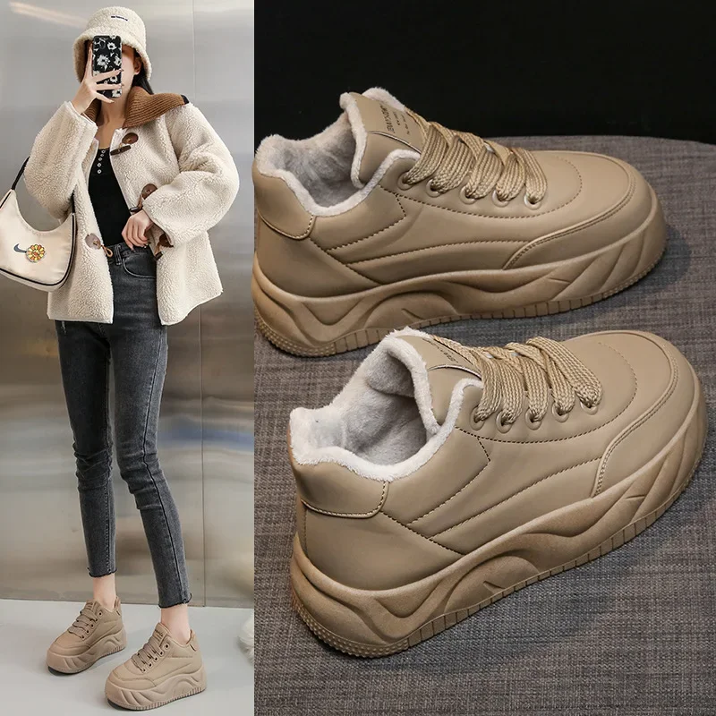 Hot Sales Low Top Small White Shoes Women 2023 Winter New Cashmere Students Cotton Shoes Tide Thick Sole Casual Sports Shoes