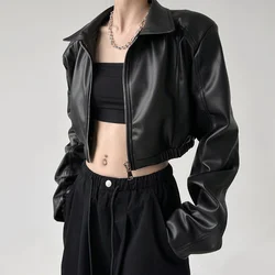 Jackets PU Leather Women Black Lapel Long Sleeve Crop Coats American Retro Streetwear Zipper Fashion Casual Female Outerwear