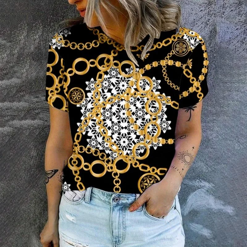 

Новая футболка в стиле нео-барокко с 3D-принтом, черно-золотая цепочка, легкий люкс, круглый вырез, короткий рукав, для женщин, весна-лето