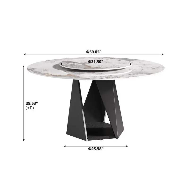 59" Round Marble Dining Table with Black Iron Base, Artificial Stone for 6-8 People, 31.5" White Turntable, White Finish,