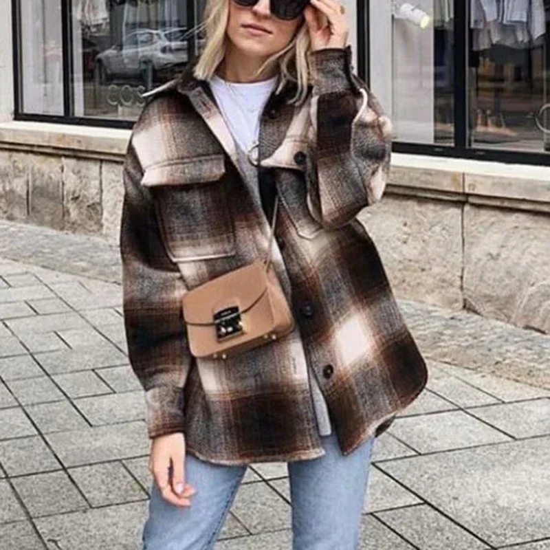 

Fashion Ladies Thick Plaid Coat Female Streetwear Vintage Women 2021 Long Sleeve Woolen Coats Elegant Girls Oversize Jacket Chic