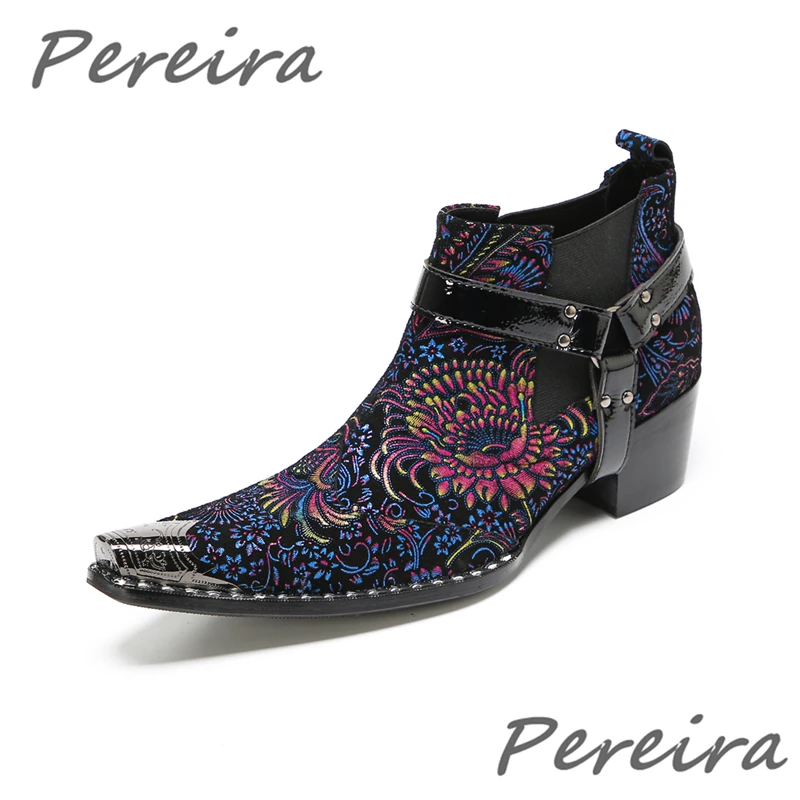

Men Retro Flower Embroidery Ankle Boots Iron Pointed Toe Buckle Strap Chelsea Boots British Style Party Business Dress Sho Es