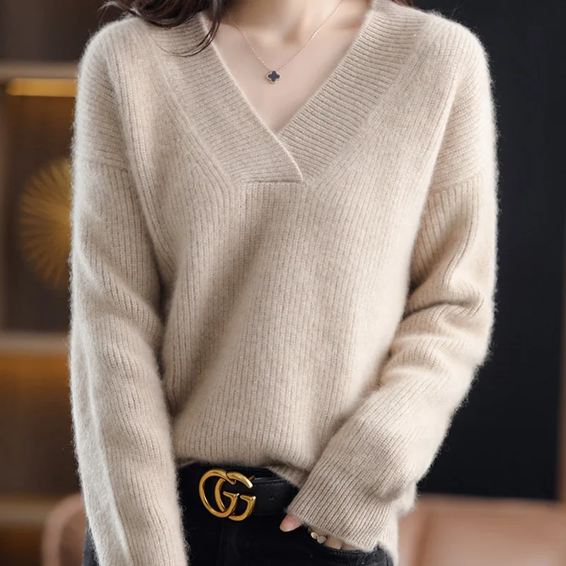 Office Lady Fashion Simple Loose Wool Knitted Pullovers Autumn Winter Vintage Comfortable Soft Thick Sweaters