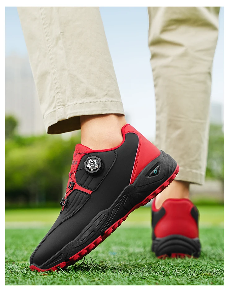 Herren Golfschuhe mit Drehverschluss und Spikes, Wasserdichtes Leder, Rutschfeste Outdoor-Sportschuhe in Weiß, Schwarz und Rot – Detail 11