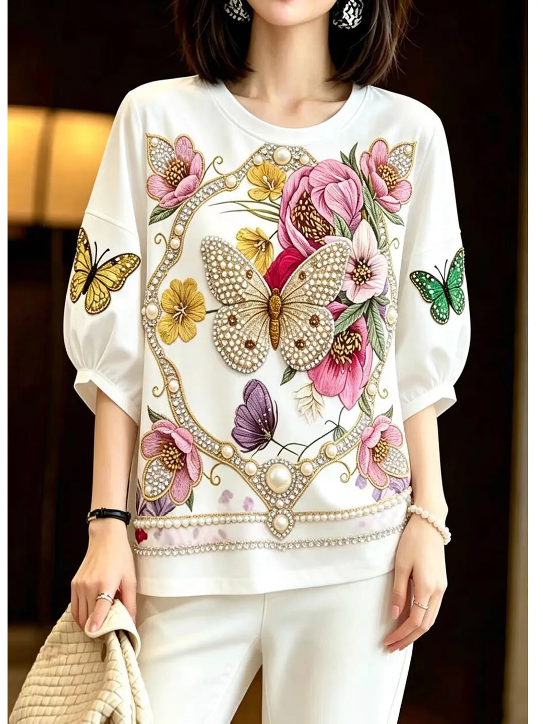 

Elegant Flower Heavy Work T-Shirt Korean Style Commute Fashion Summer Casual Women's Top High End Feeling
