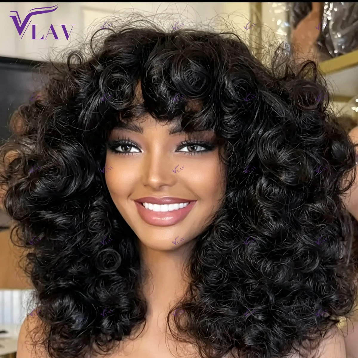 VLAV Natural Black For Women 100% Human Hair High Density Bangs Bouncy Curly Wig Full Machine Made Curly Wigs 350 Ginger Color