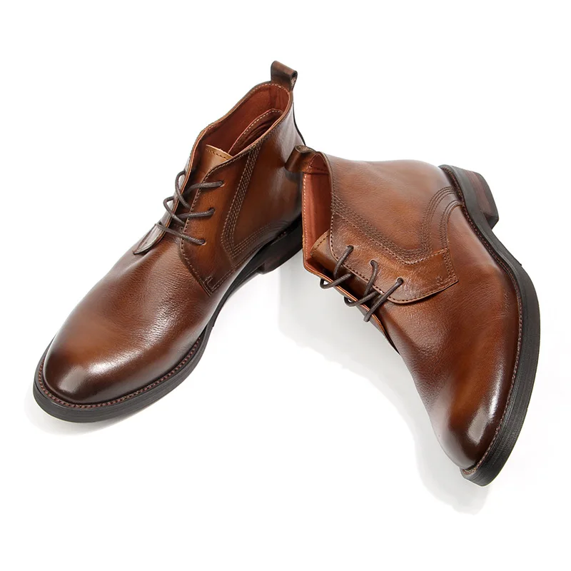 

European American Footwears Genuine Leather Men's Boots Lace Up Designer Casual Ankle Shoes Vintage Hand-made Men Shoes A214