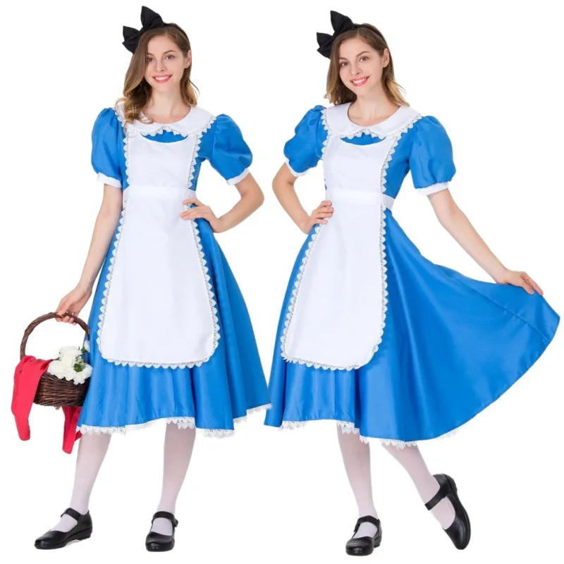 

Halloween Cosplay Costume Maid Blue Dress Apron Headwear Suit Carnival Theme Party Role Playing Outfit for Adult Women