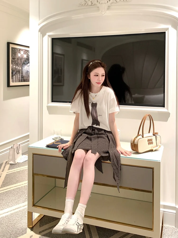 

YANUOYU Retro Casual Plaid Skirt with Belt Design High Waist A-Line Cotton Commuter Sle Women's Skirt