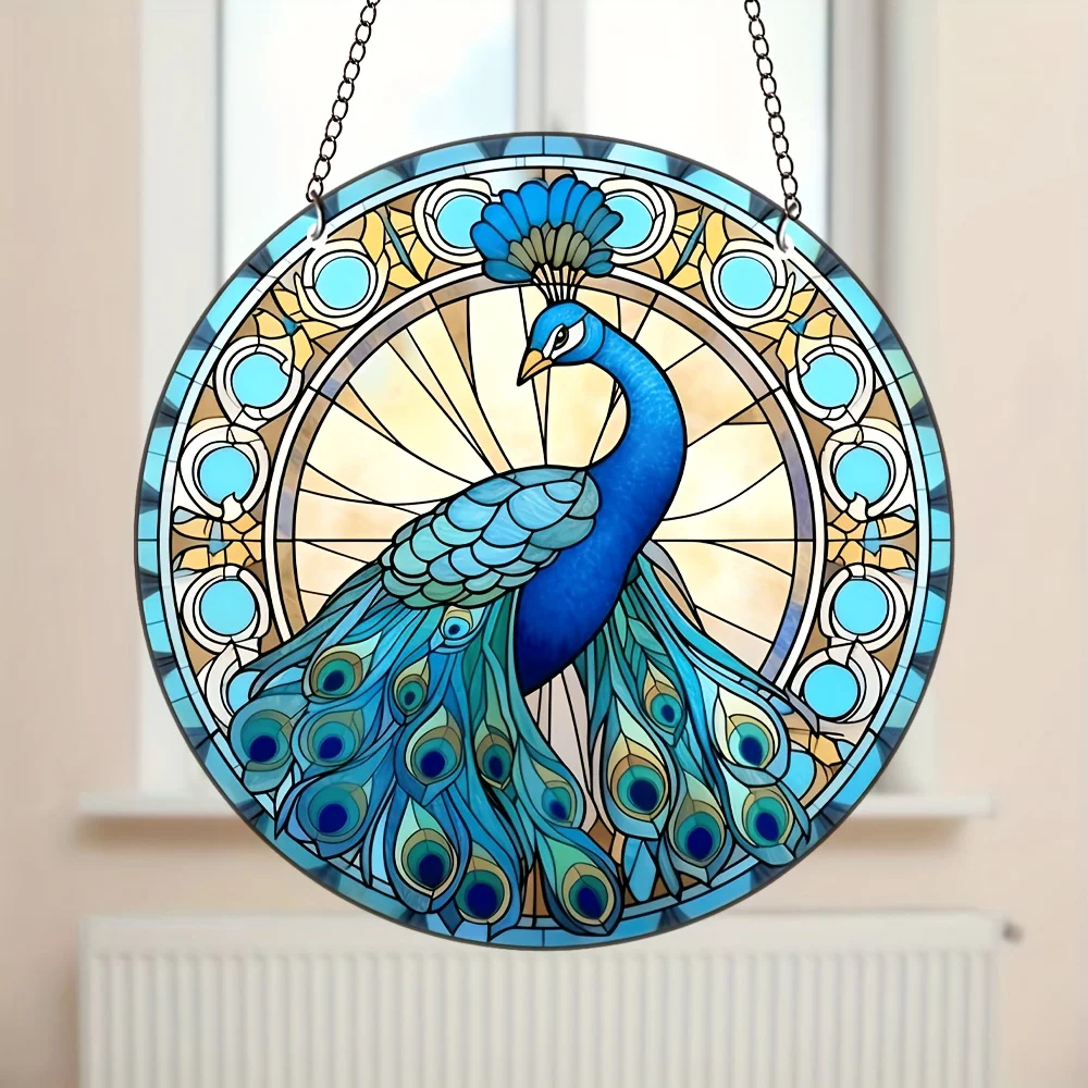 Peacock Suncatcher Stained Glass Window Hanging for Office Room and Kitchen Decoration Garden Decor Gift for Family and Friends