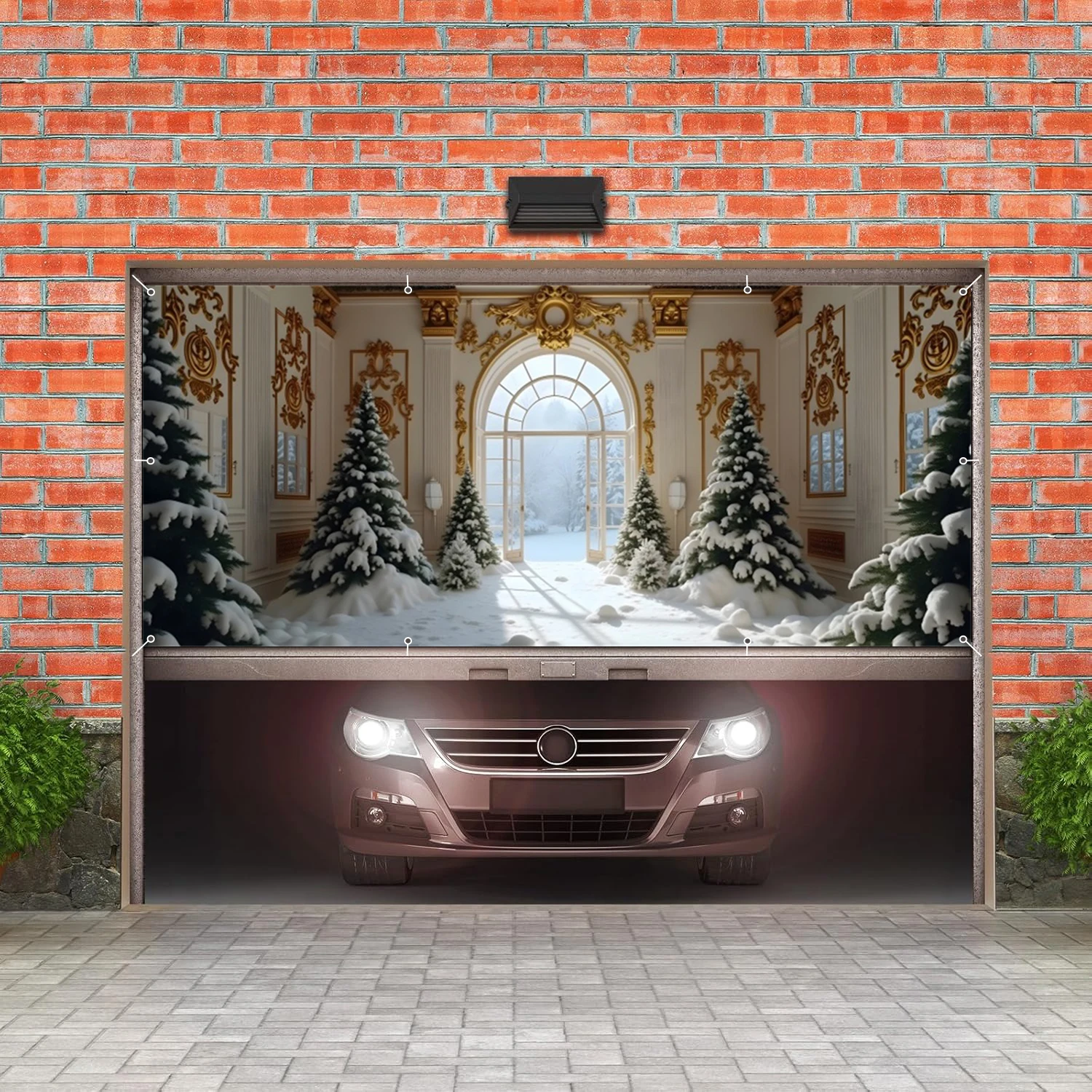 لافتة باب جراج عيد الميلاد من White Palace شجرة عيد الميلاد الشتوية غطاء جراج كبير لعيد الميلاد لمستلزمات حفلات الأعياد الداخلية والخارجية