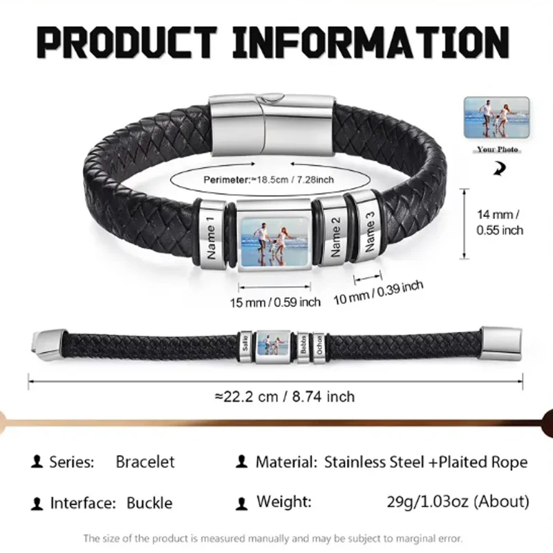Personalized Photo Name Bracelet for Men Custom Picture Bracelet Leather Engraved Name Bracelet Jewelry Gift for Men Boy Husband