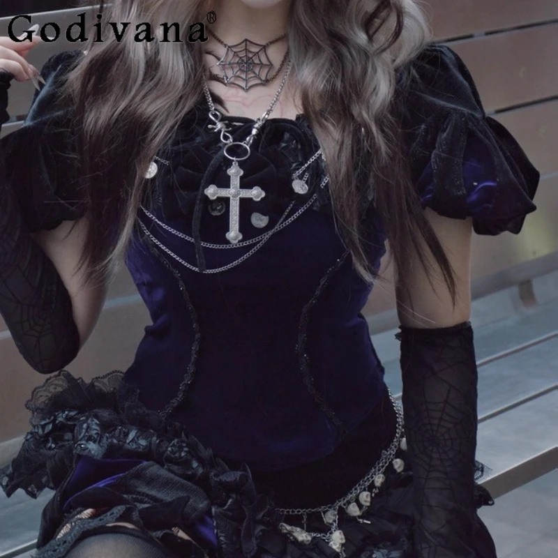 

Original Design Gothic Dark Velvet Short Sleeve Top Women's Slim Fit Tie T-Shirt Lace Bow Leg Ring Shorts Halloween Cos Outfit