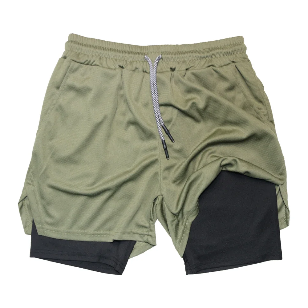 Pantalones cortos deportivos de doble capa para hombre, secado rápido, 2 en 1, deportes, entrenamiento de gimnasia, entrenamiento, trote, doble cubierta, equipo de Fitness de verano
