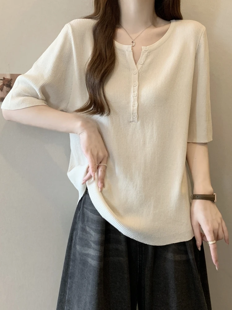 Ice Silk Knitted Short Sleeve T-Shirt Women's Summer Loose Fit Basic Shirt Conceals Belly And Fat for plus Size Ladies
