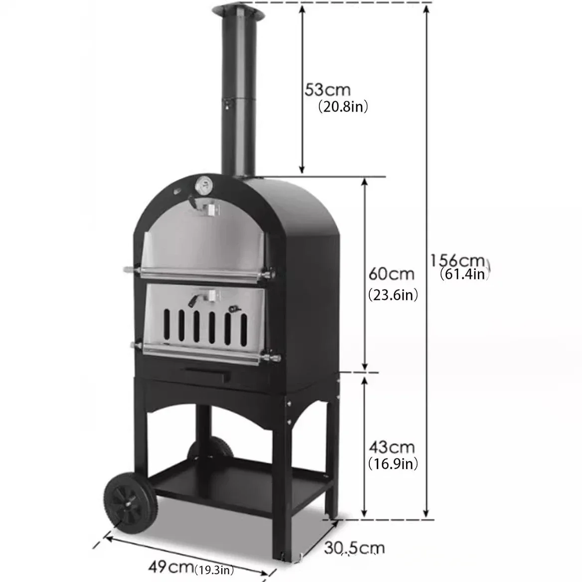 Export Outdoor Double Layer Hand Push with PP Wheels Kiln Oven Stainless Steel 12 Inch Dual Purpose Pizza Oven BBQ Oven