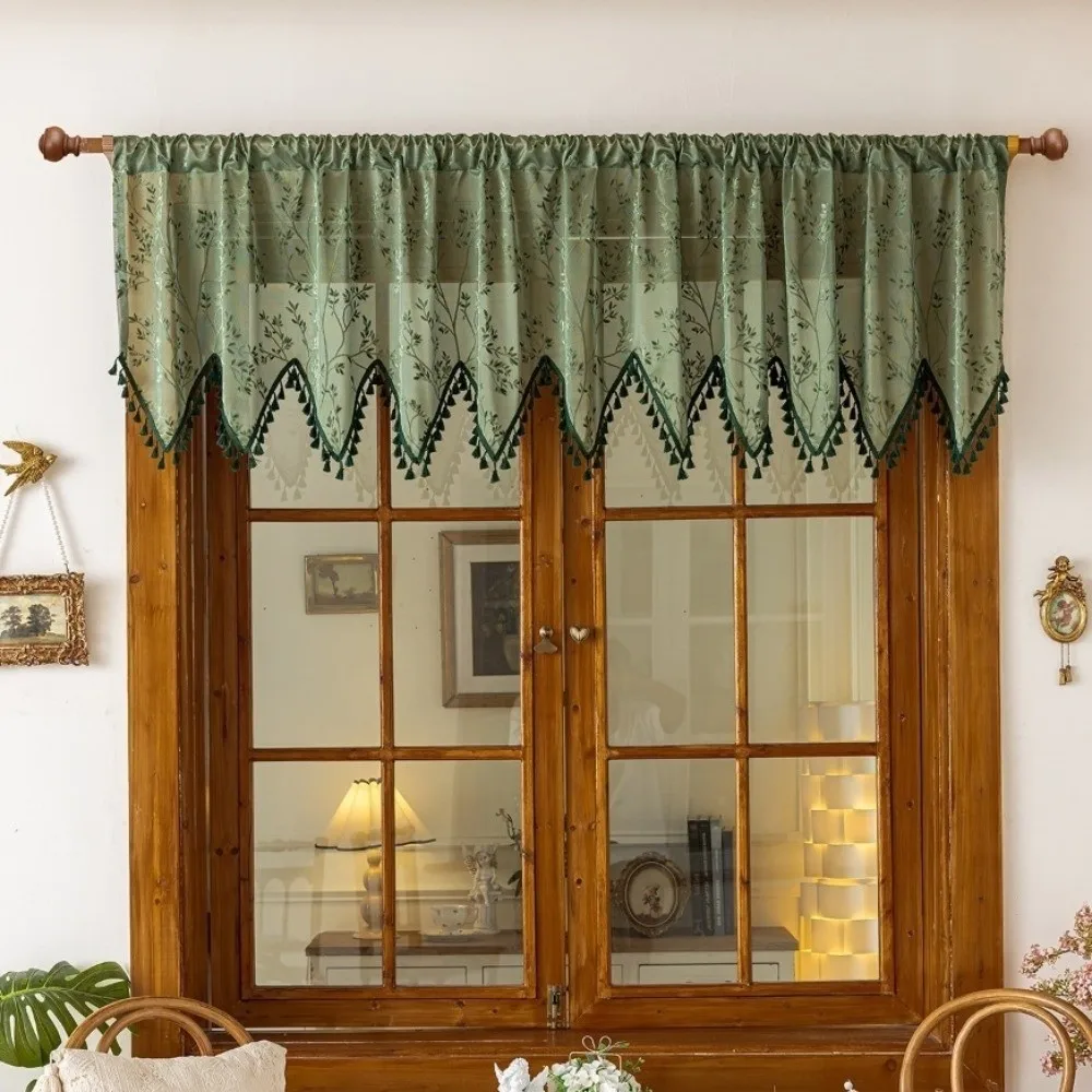 Rustic Style Summer Short Tulle Window Curtains Sun Shade Fringe Trim Lace Tulle Window Curtains Dustproof Triangular Edge