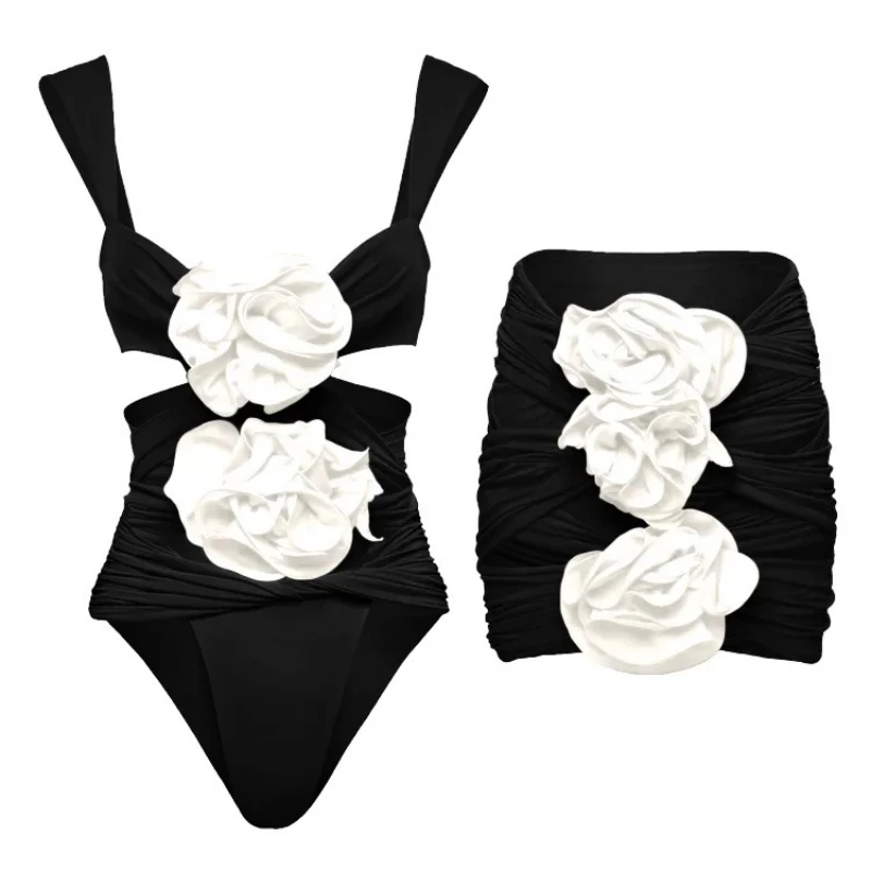 ZAFUAZ Bikini Set 2024 New Women's Swimsuit 3D Flower Hollow Solid Color Sexy One-piece Swimwear Two-piece Set Bathing suit