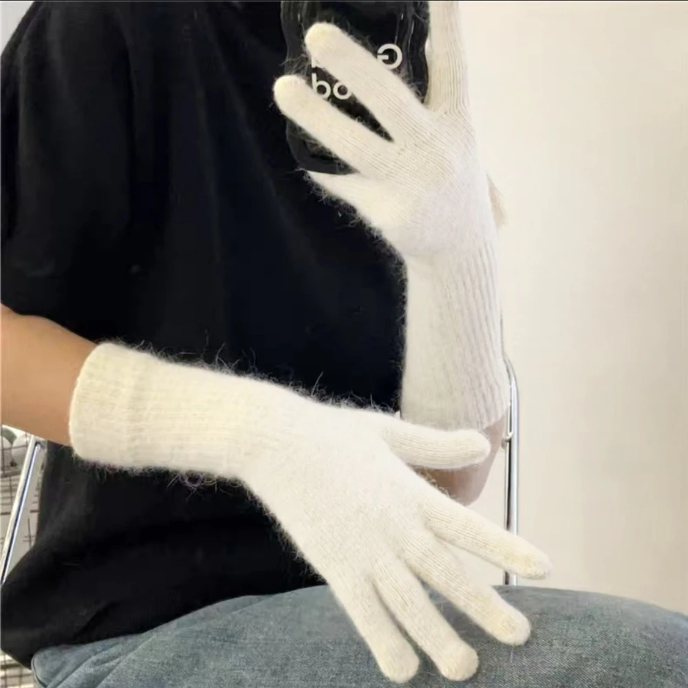 1Pc Korean Ins Style Long Knitted Five Finger Gloves Solid Color Warm Cold Proof Winter Mittens For Women Daily Outdoor Wearing
