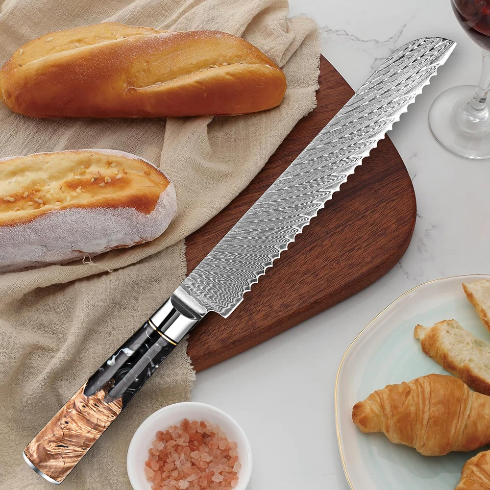 

8-дюймовый зубчатый нож для хлеба, высококачественный 67-слойный нож для нарезки тостов из дамасской стали, острый нож для торта с сыром, эргономичная ручка