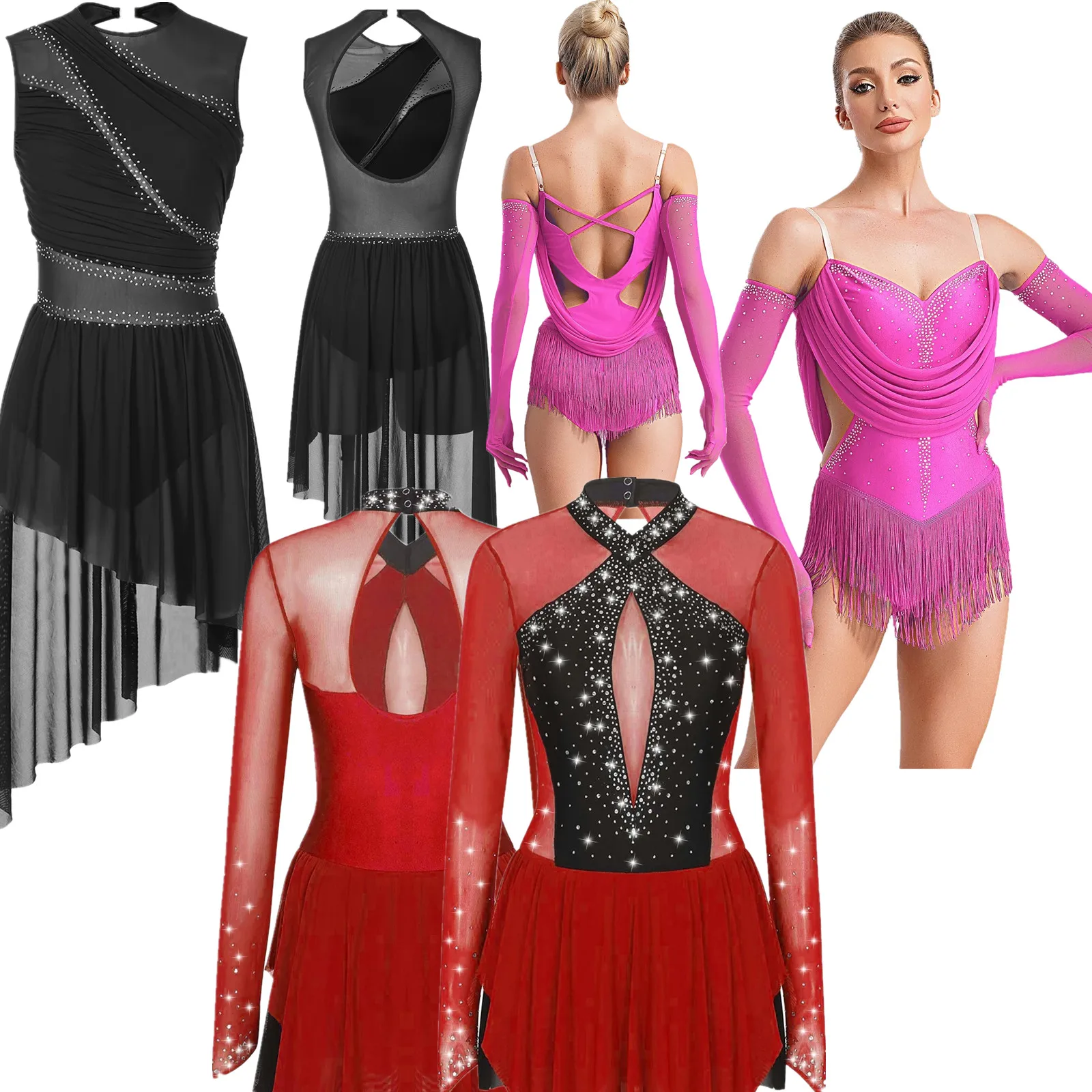 

Women Jazz Latin Dance Leotard Dress Figure Skating Dresses Glittery Rhinestones Fringe Tassel Bodysuit Modern Lyrical Dancewear