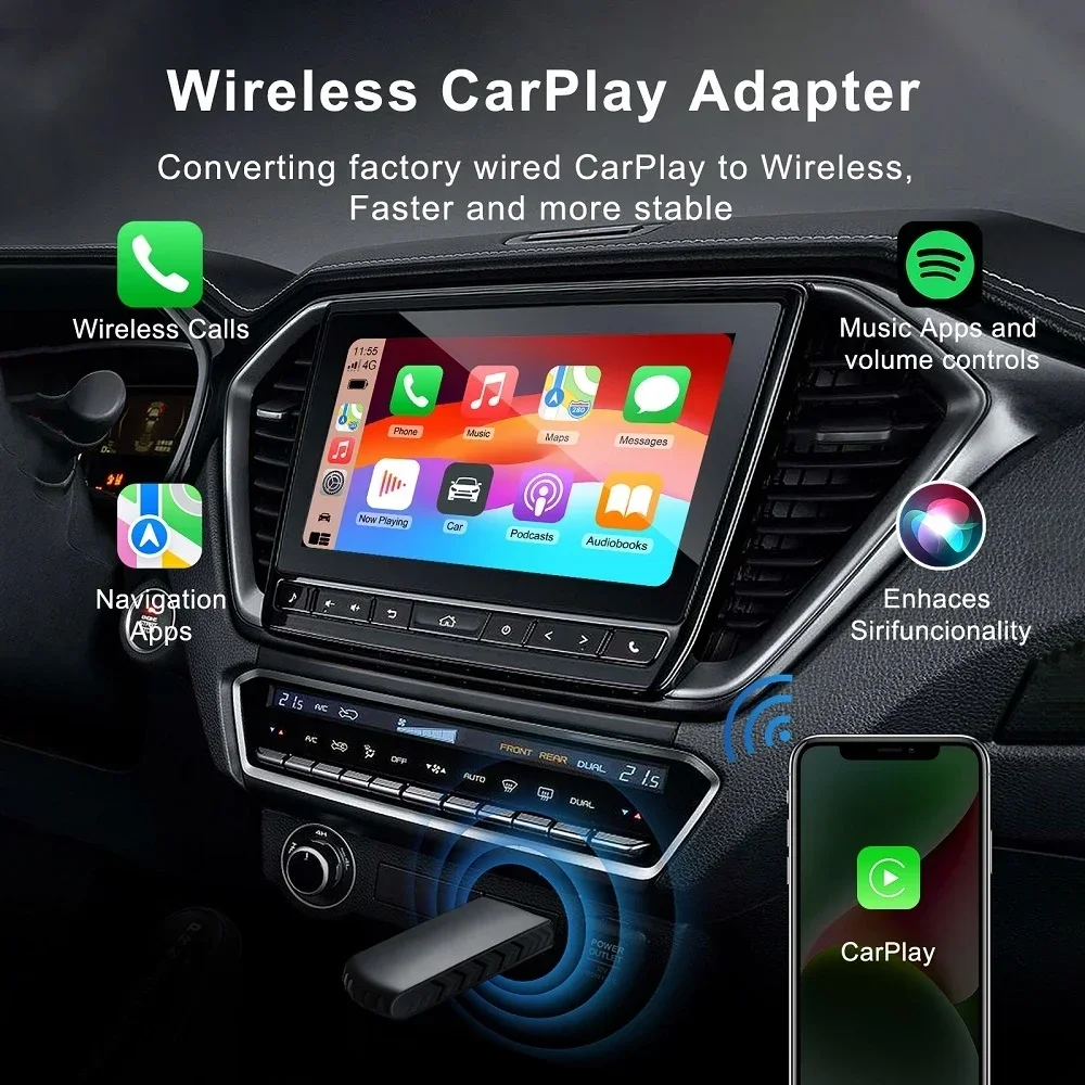 2024 New Mini CarPlay Wireless Adapter Car Play Dongle Bluetooth WiFi Fast Connect Plug and Play for OEM Wired CarPlay Car