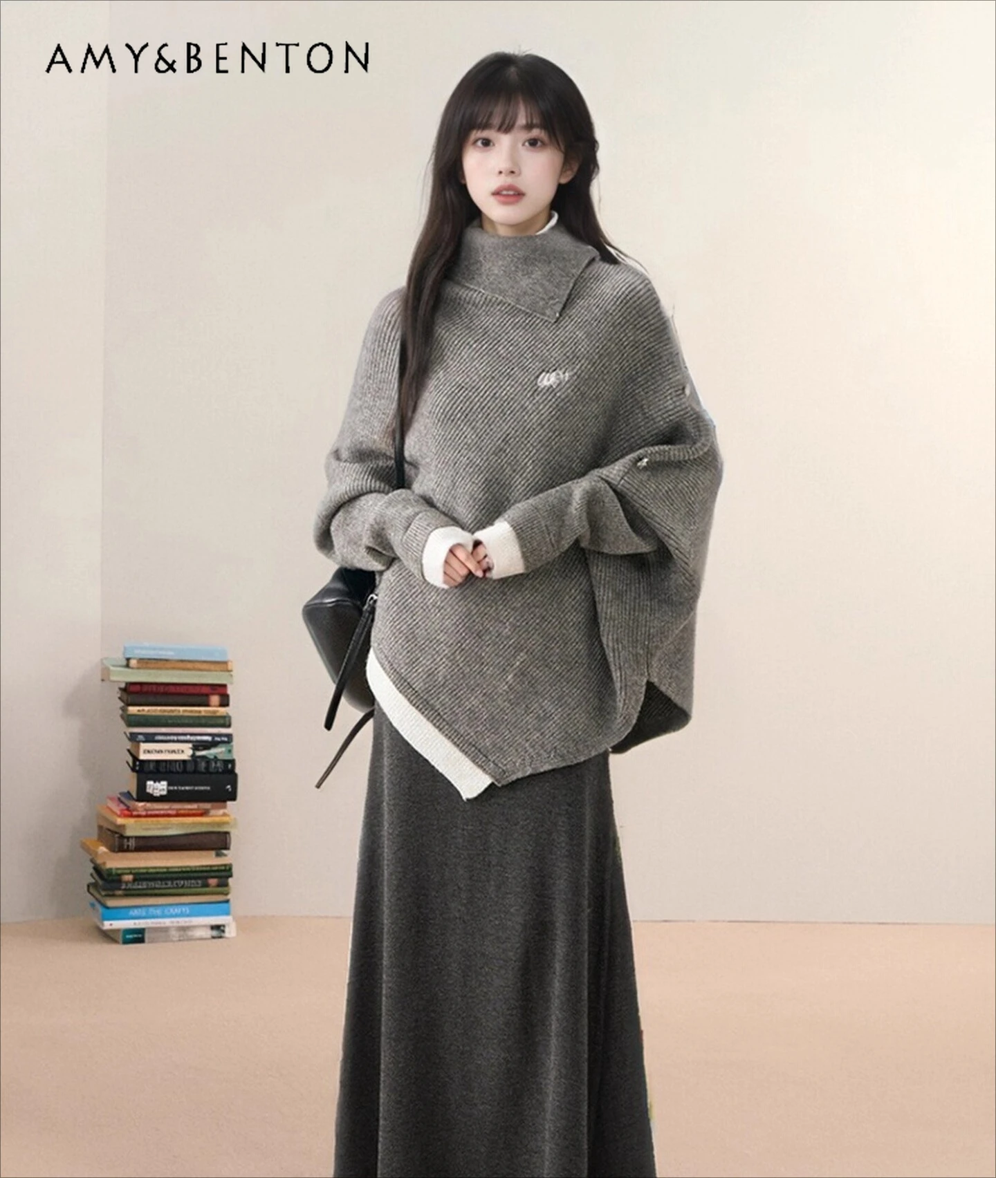 

Осень-зима 2024, новый женский свободный повседневный серый, черный вязаный свитер с высоким воротом, темно-серая длинная юбка