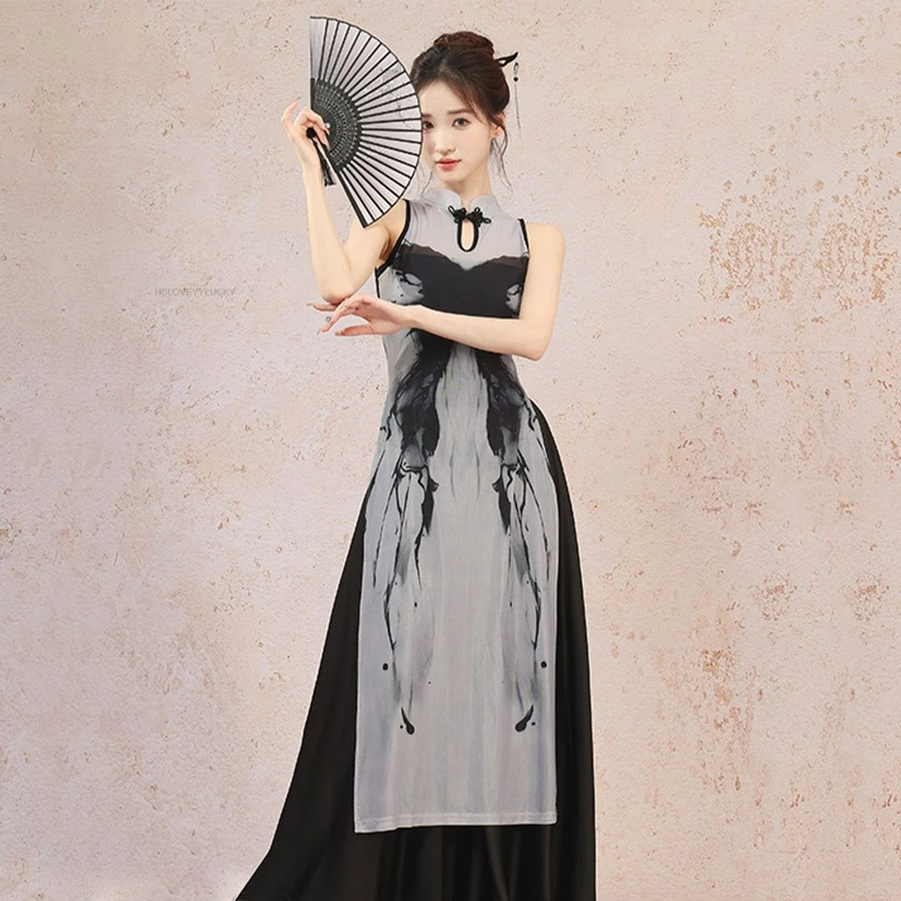 Classical Dance Costume Butterfly Ink Wash Print Qipao National Style Gauze Dress Dance  Practice Clothing Long Style Cheongsam