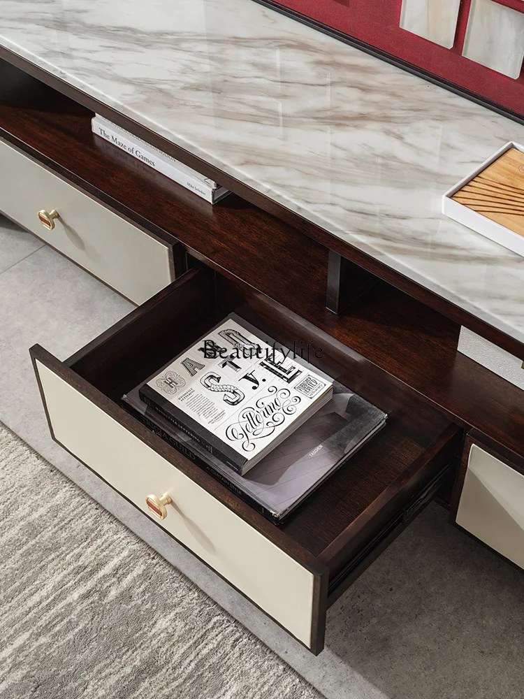 New Chinese ebony TV cabinet living room marble solid wood furniture