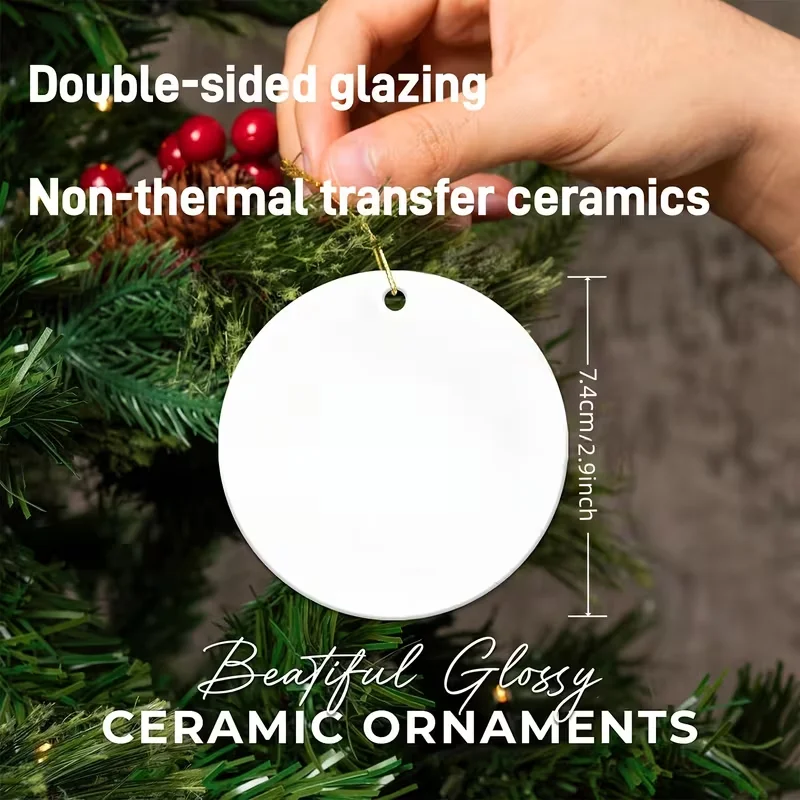 زخرفة معلقة من السيراميك - زخرفة دائرية مقاس 3 بوصات، زينة للعطلات مطبوعة من جانب واحد، مناسبة لعيد الميلاد ورأس السنة الجديدة