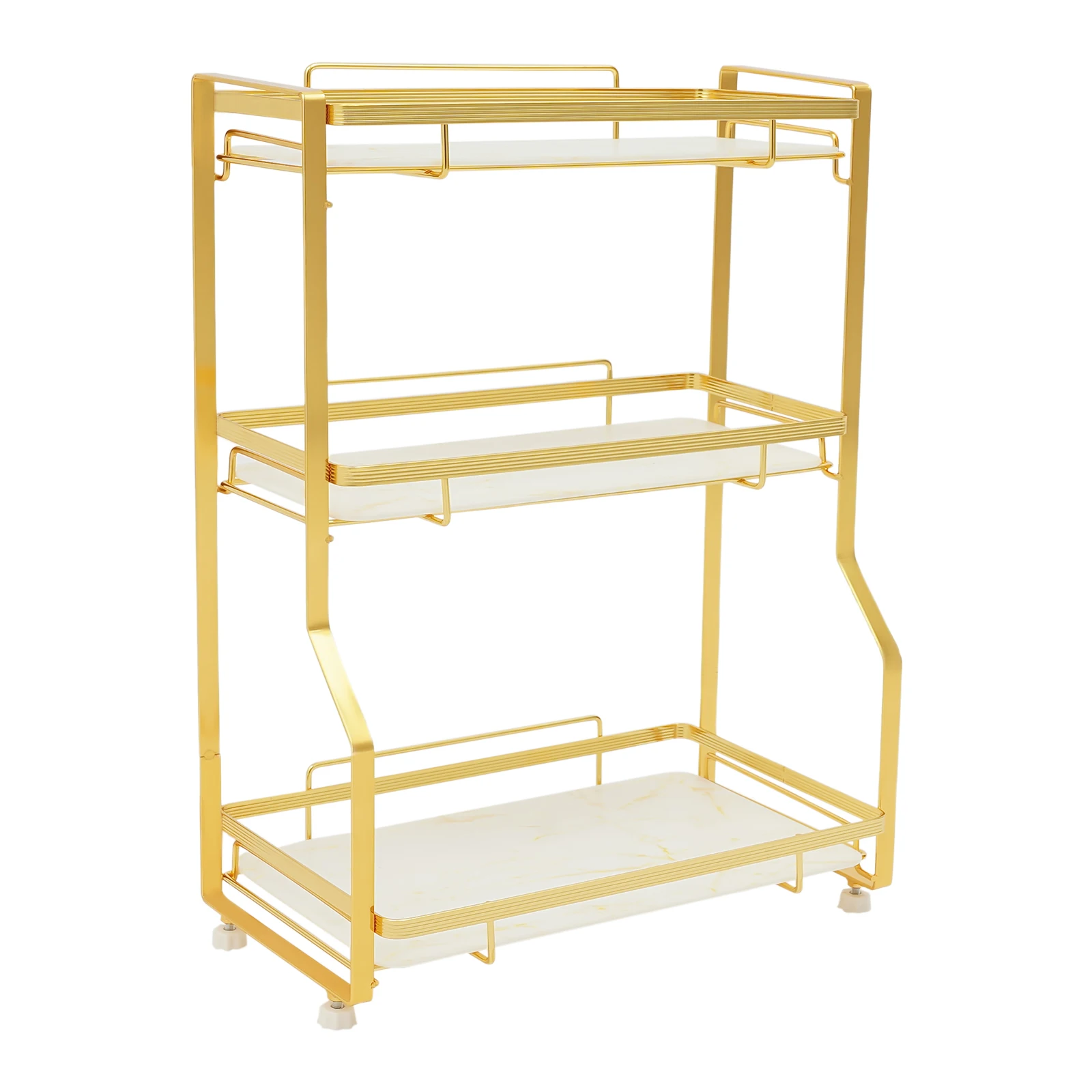 

3-Tier Modern Bathroom Countertop Organizer with Elevated Foot Pads, Guardrails, and Electroplated Iron & Plastic Construction