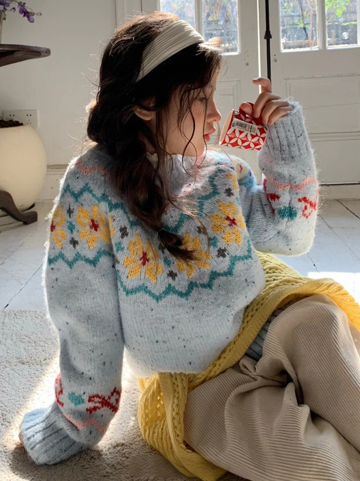 Women's Fair Isle Cardigan – Soft Blue Knit Sweater for Christmas 2026, Cozy Winter Open Front Outerwear