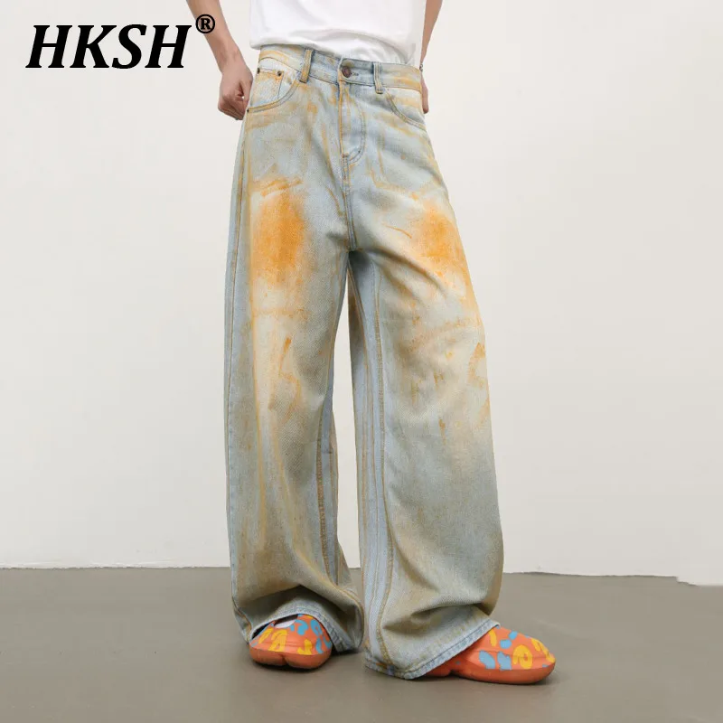 

HKSH Autumn New Men's Tide Vintage Jeans American High Street Vibe Niche Design Loose Chic Print Straight Ins Denim Pants HK2194