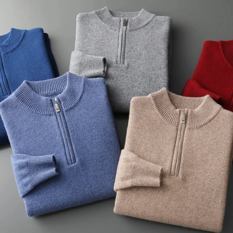 Men's Half-High Neck Zipper Sweater, 100% Cashmere, Casual Knitting, Underlay Pullover, Spring, Autumn, New, Fashion